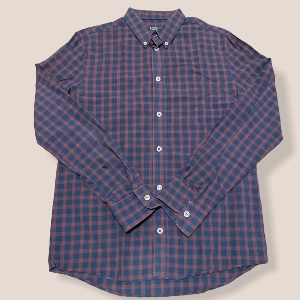 A.P.C. Blue and Red Plaid Casual Button Down Shirt